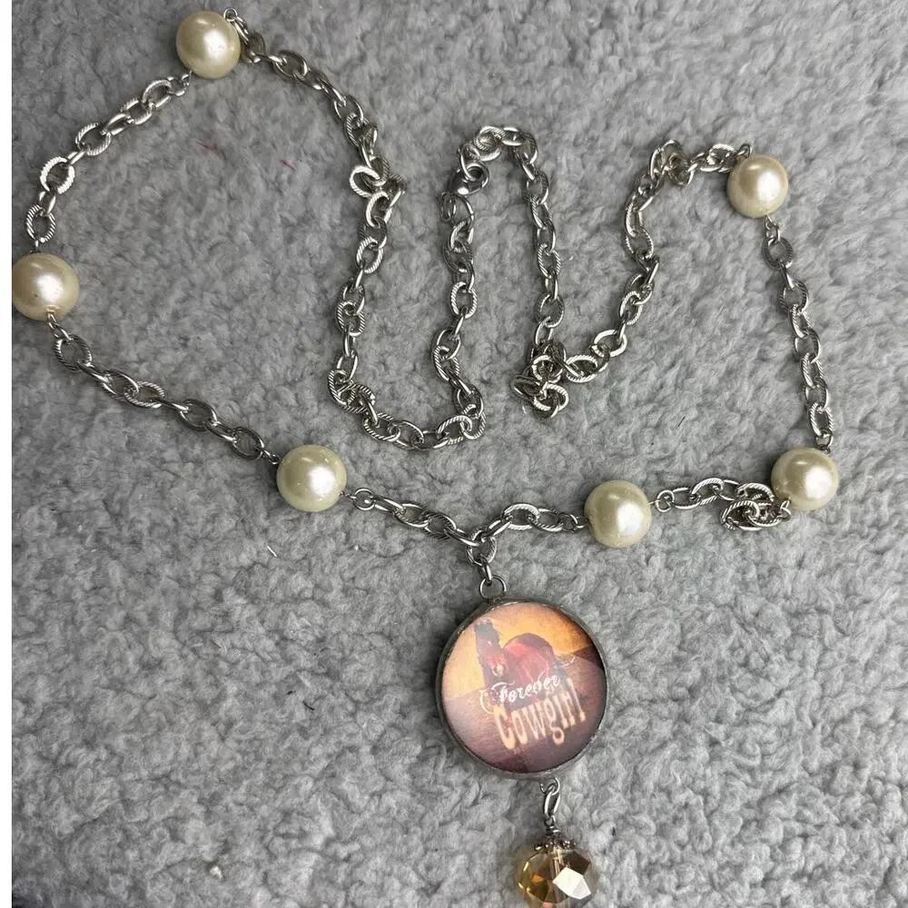 Cowgirls Rock Reversible Necklace Horse Pin Up Western Rodeo Pearl Statement
